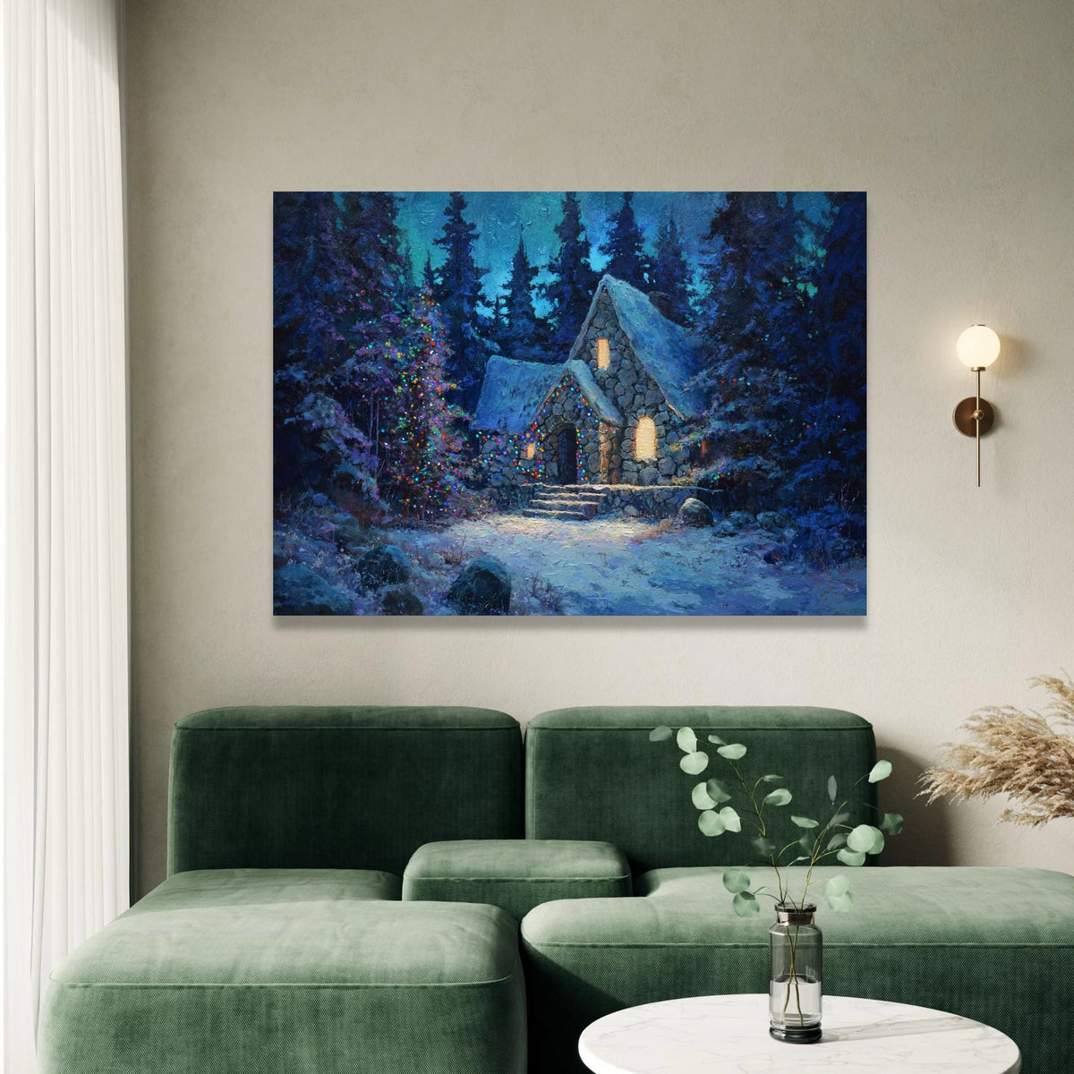 Cozy Winter Cabin Canvas Wall Art, Snowy Stone House, Holiday Lights Decor, Rustic Forest Scene, Warm Evening Canvas, Canvas Print Art