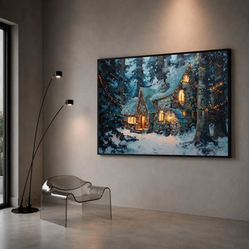 Cozy Snowy Stone Cottage Canvas, Winter Forest Landscape, Warm Light Window Canvas, Holiday Home Wall Art, Winter Seasonal Canvas Print Art