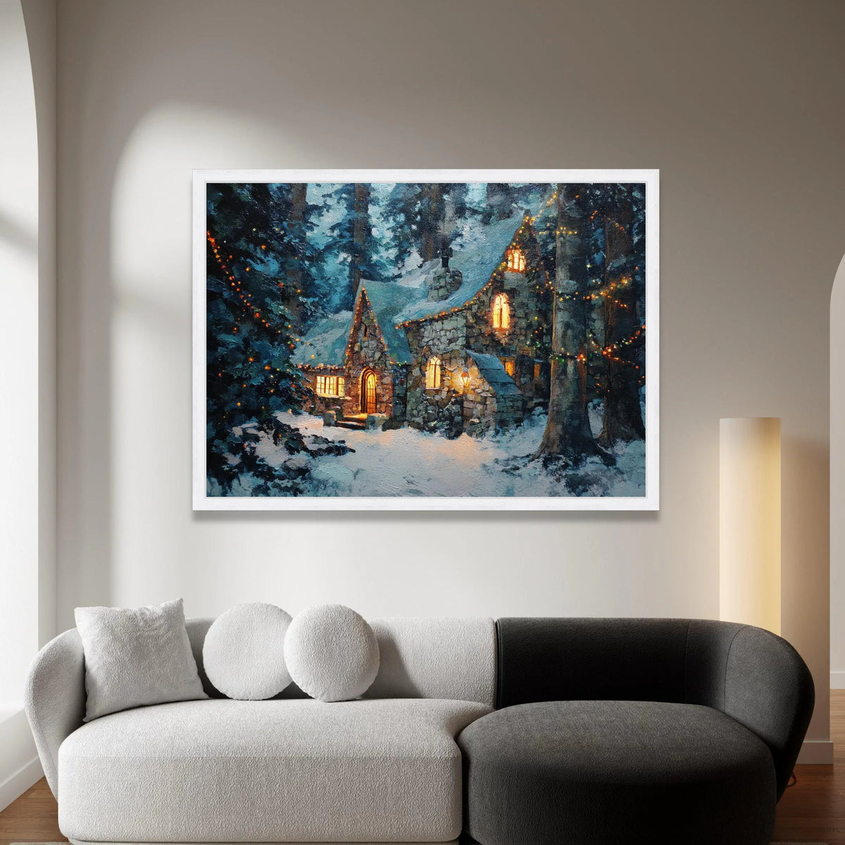 Cozy Snowy Stone Cottage Canvas, Winter Forest Landscape, Warm Light Window Canvas, Holiday Home Wall Art, Winter Seasonal Canvas Print Art