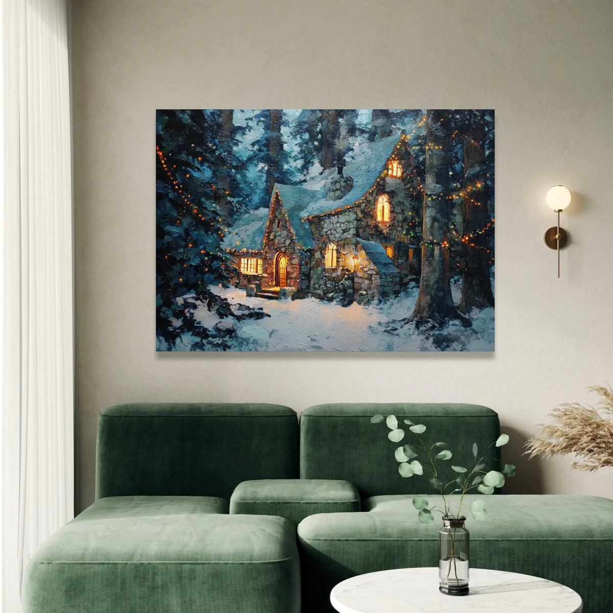 Cozy Snowy Stone Cottage Canvas, Winter Forest Landscape, Warm Light Window Canvas, Holiday Home Wall Art, Winter Seasonal Canvas Print Art
