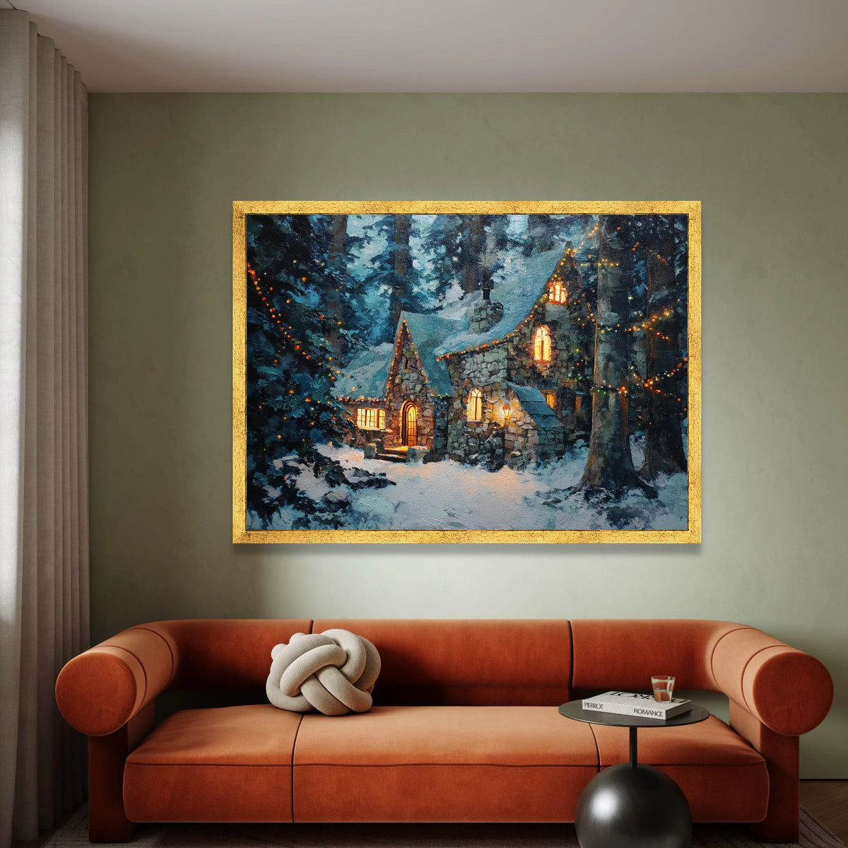 Cozy Snowy Stone Cottage Canvas, Winter Forest Landscape, Warm Light Window Canvas, Holiday Home Wall Art, Winter Seasonal Canvas Print Art