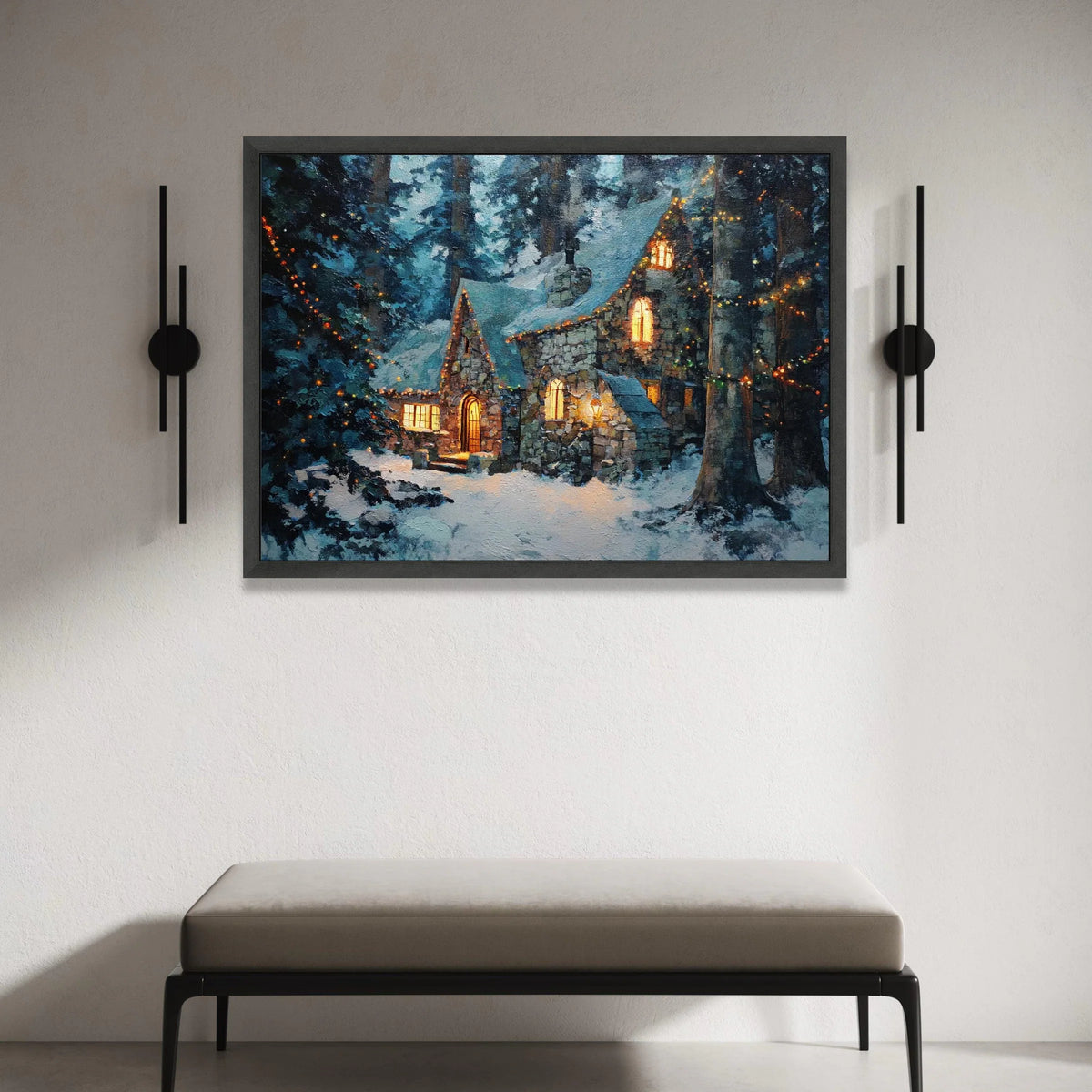 Cozy Snowy Stone Cottage Canvas, Winter Forest Landscape, Warm Light Window Canvas, Holiday Home Wall Art, Winter Seasonal Canvas Print Art