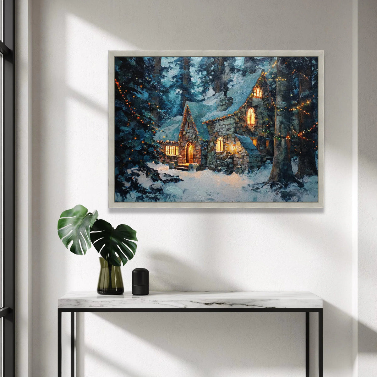 Cozy Snowy Stone Cottage Canvas, Winter Forest Landscape, Warm Light Window Canvas, Holiday Home Wall Art, Winter Seasonal Canvas Print Art