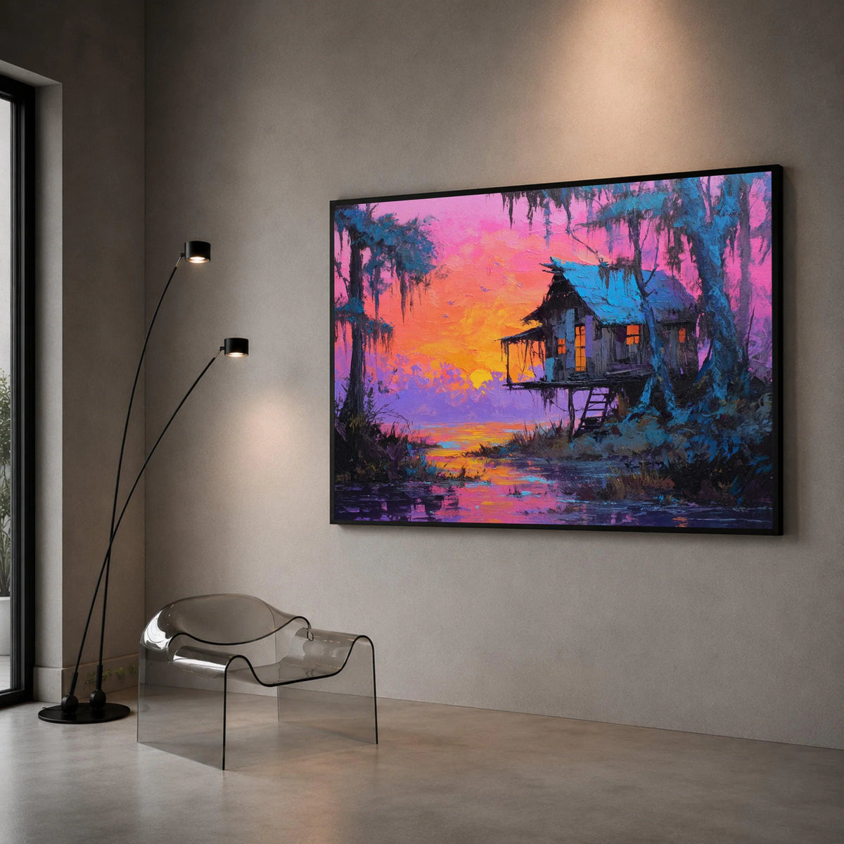 Sunset Over Lakeside Cabin Canvas, Vibrant Nature Landscape, Colorful Evening Scene, Rustic Home Wall Art, Peaceful Water Canvas Print Art