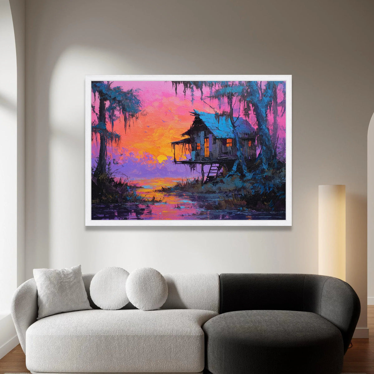 Sunset Over Lakeside Cabin Canvas, Vibrant Nature Landscape, Colorful Evening Scene, Rustic Home Wall Art, Peaceful Water Canvas Print Art