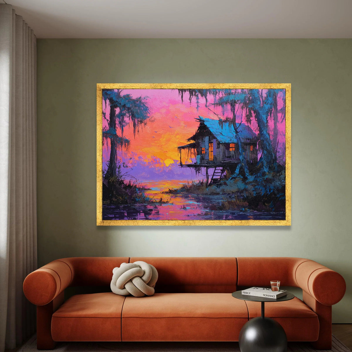 Sunset Over Lakeside Cabin Canvas, Vibrant Nature Landscape, Colorful Evening Scene, Rustic Home Wall Art, Peaceful Water Canvas Print Art