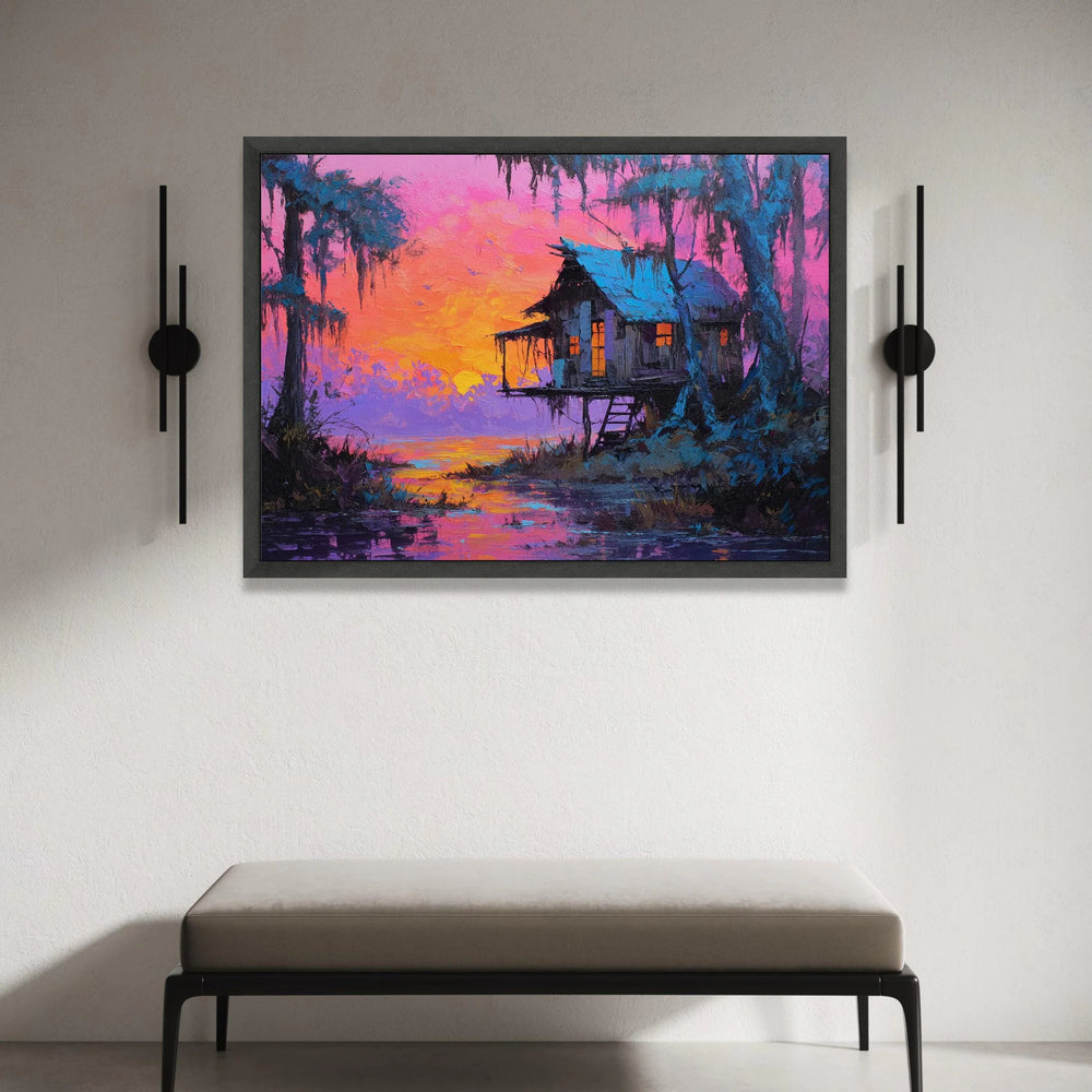 Sunset Over Lakeside Cabin Canvas, Vibrant Nature Landscape, Colorful Evening Scene, Rustic Home Wall Art, Peaceful Water Canvas Print Art