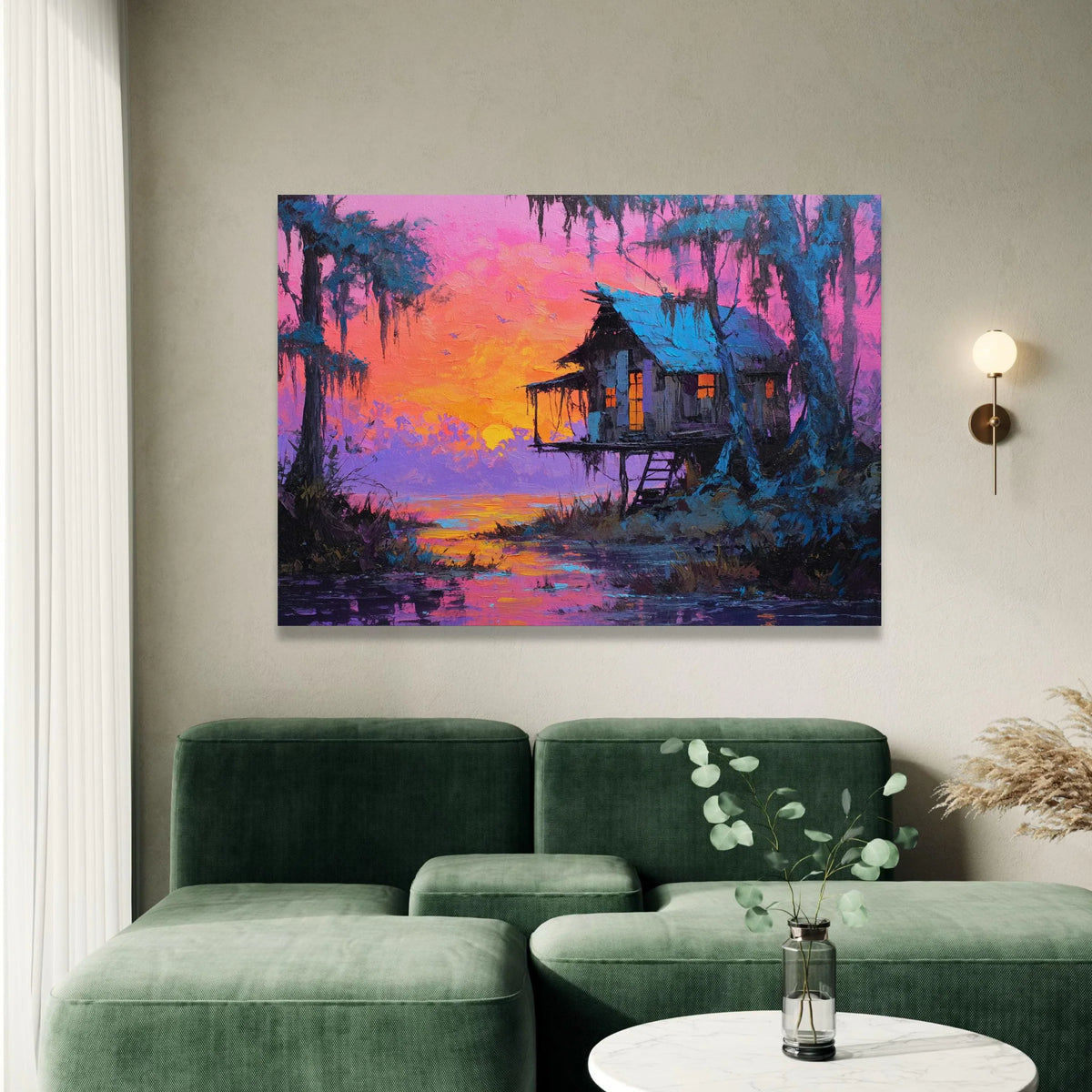 Sunset Over Lakeside Cabin Canvas, Vibrant Nature Landscape, Colorful Evening Scene, Rustic Home Wall Art, Peaceful Water Canvas Print Art