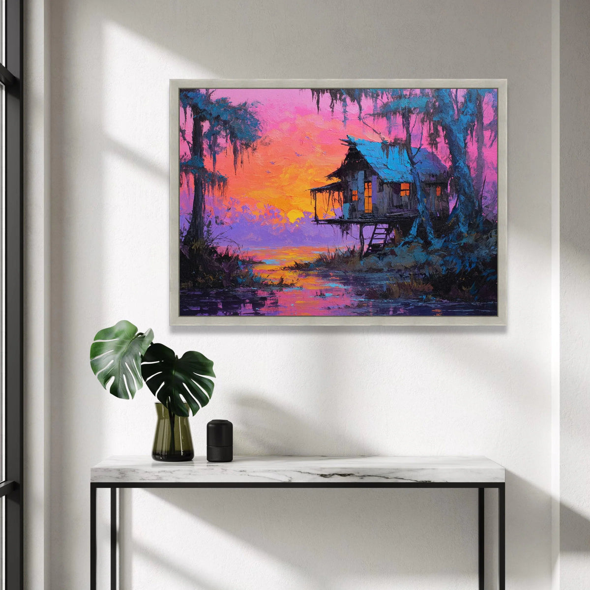 Sunset Over Lakeside Cabin Canvas, Vibrant Nature Landscape, Colorful Evening Scene, Rustic Home Wall Art, Peaceful Water Canvas Print Art