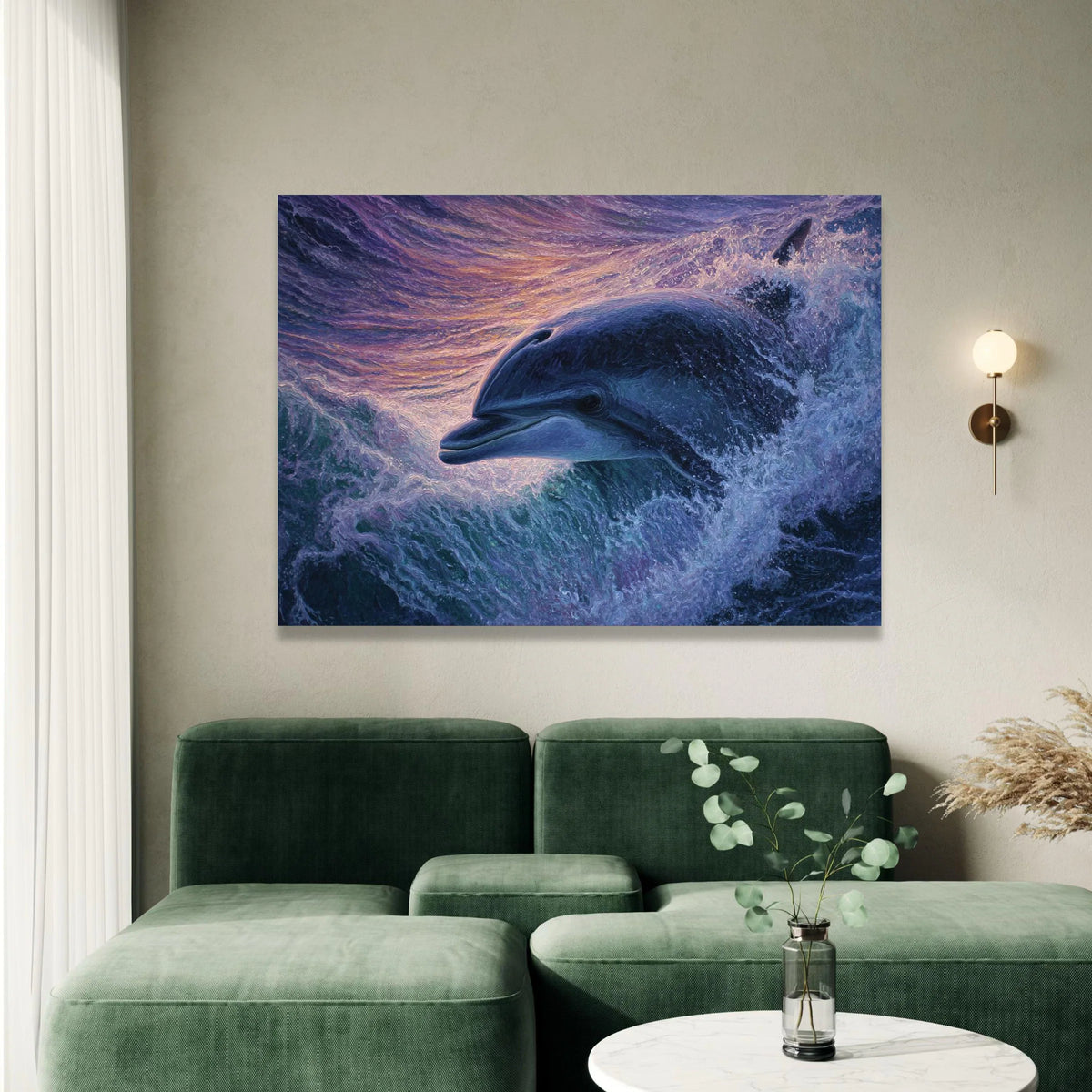 Majestic Dolphin Jumping Canvas, Ocean Wave Art, Marine Life Wall Decor, Sunset Beach Scene, Coastal Canvas Wall Art Canvas Print Art