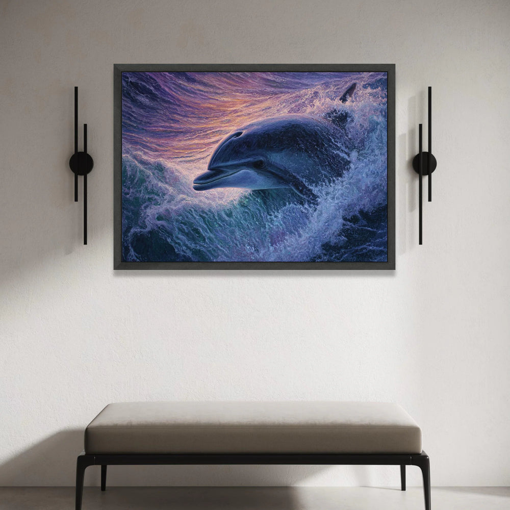 Majestic Dolphin Jumping Canvas, Ocean Wave Art, Marine Life Wall Decor, Sunset Beach Scene, Coastal Canvas Wall Art Canvas Print Art