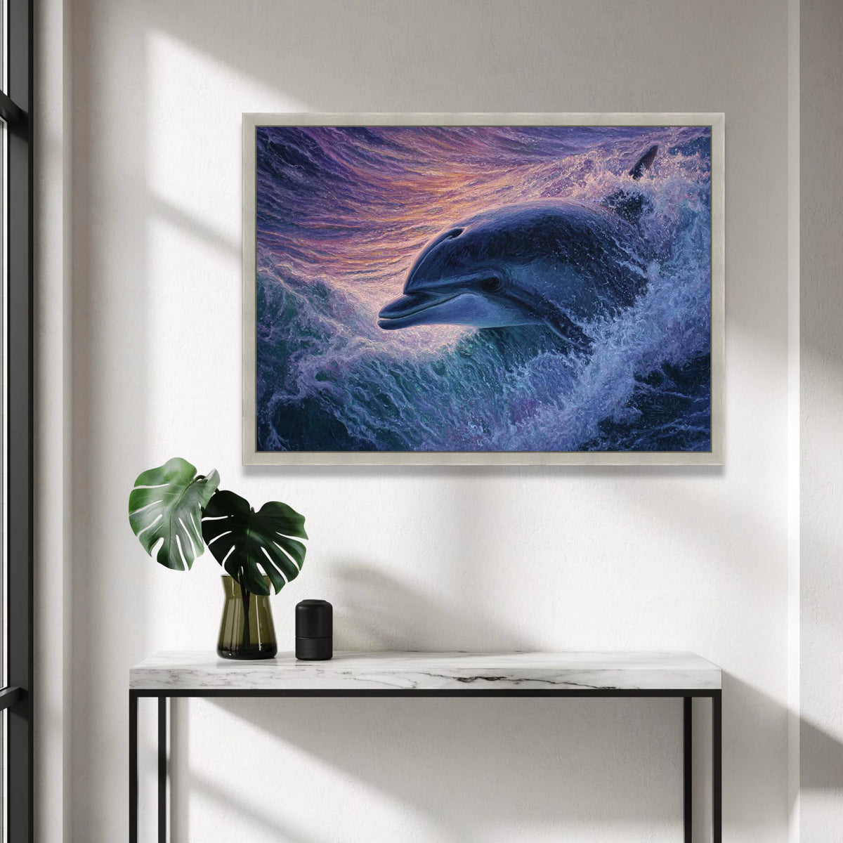 Majestic Dolphin Jumping Canvas, Ocean Wave Art, Marine Life Wall Decor, Sunset Beach Scene, Coastal Canvas Wall Art Canvas Print Art