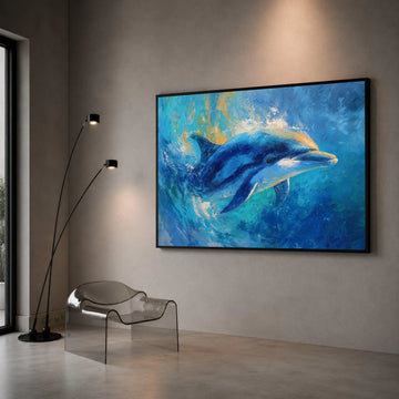 Vibrant Dolphin Splash Canvas, Ocean Life Wall Art, Marine Animal Painting, Blue Sea Canvas Decoration, Coastal Home Wall Canvas Print Art