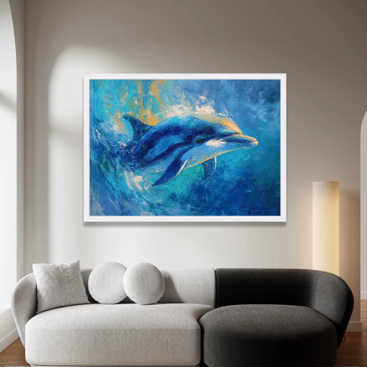 Vibrant Dolphin Splash Canvas, Ocean Life Wall Art, Marine Animal Painting, Blue Sea Canvas Decoration, Coastal Home Wall Canvas Print Art