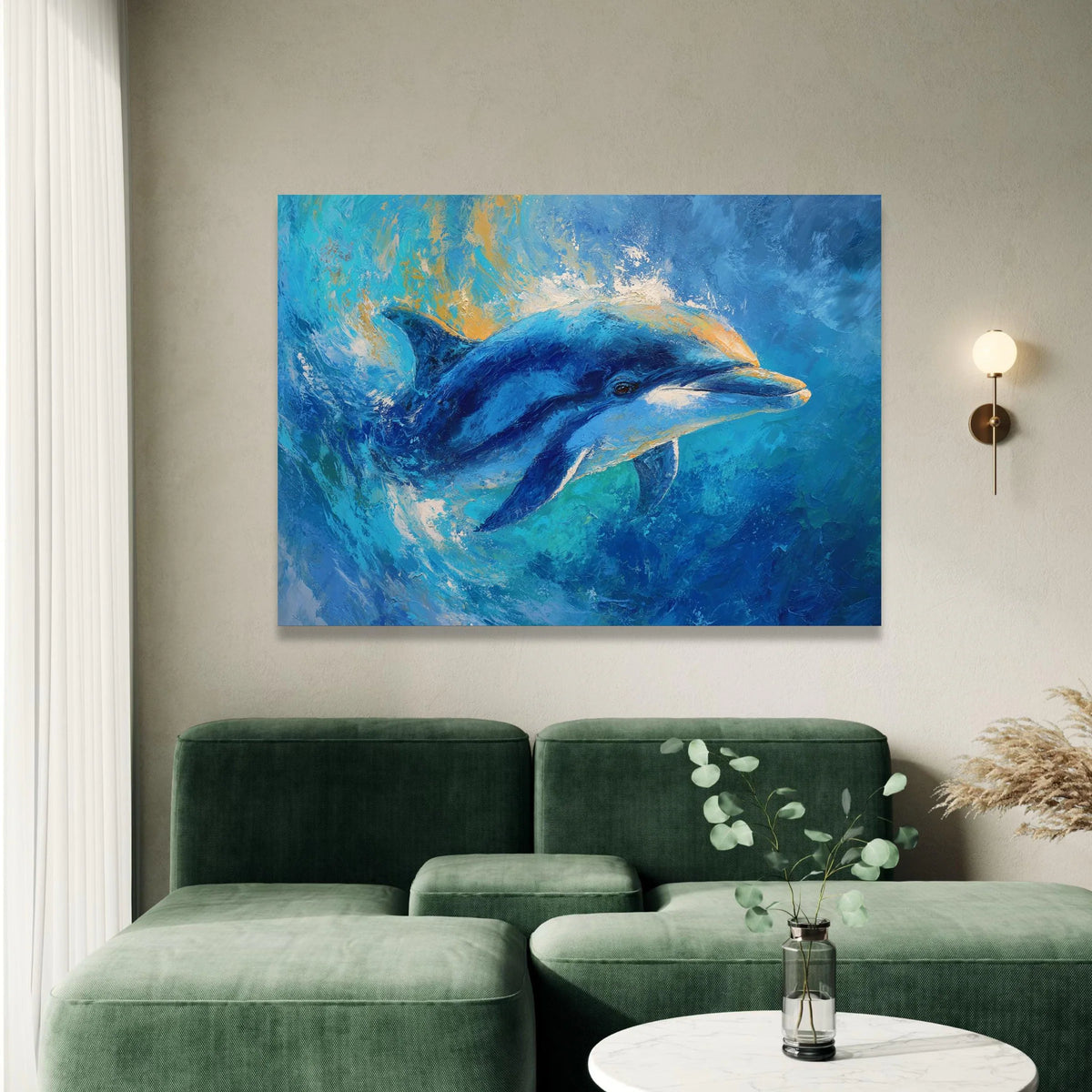 Vibrant Dolphin Splash Canvas, Ocean Life Wall Art, Marine Animal Painting, Blue Sea Canvas Decoration, Coastal Home Wall Canvas Print Art