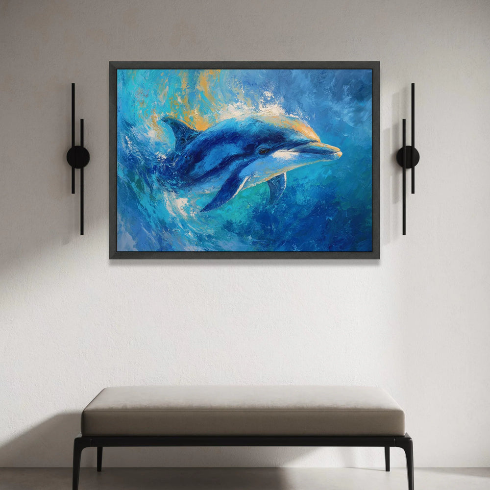 Vibrant Dolphin Splash Canvas, Ocean Life Wall Art, Marine Animal Painting, Blue Sea Canvas Decoration, Coastal Home Wall Canvas Print Art