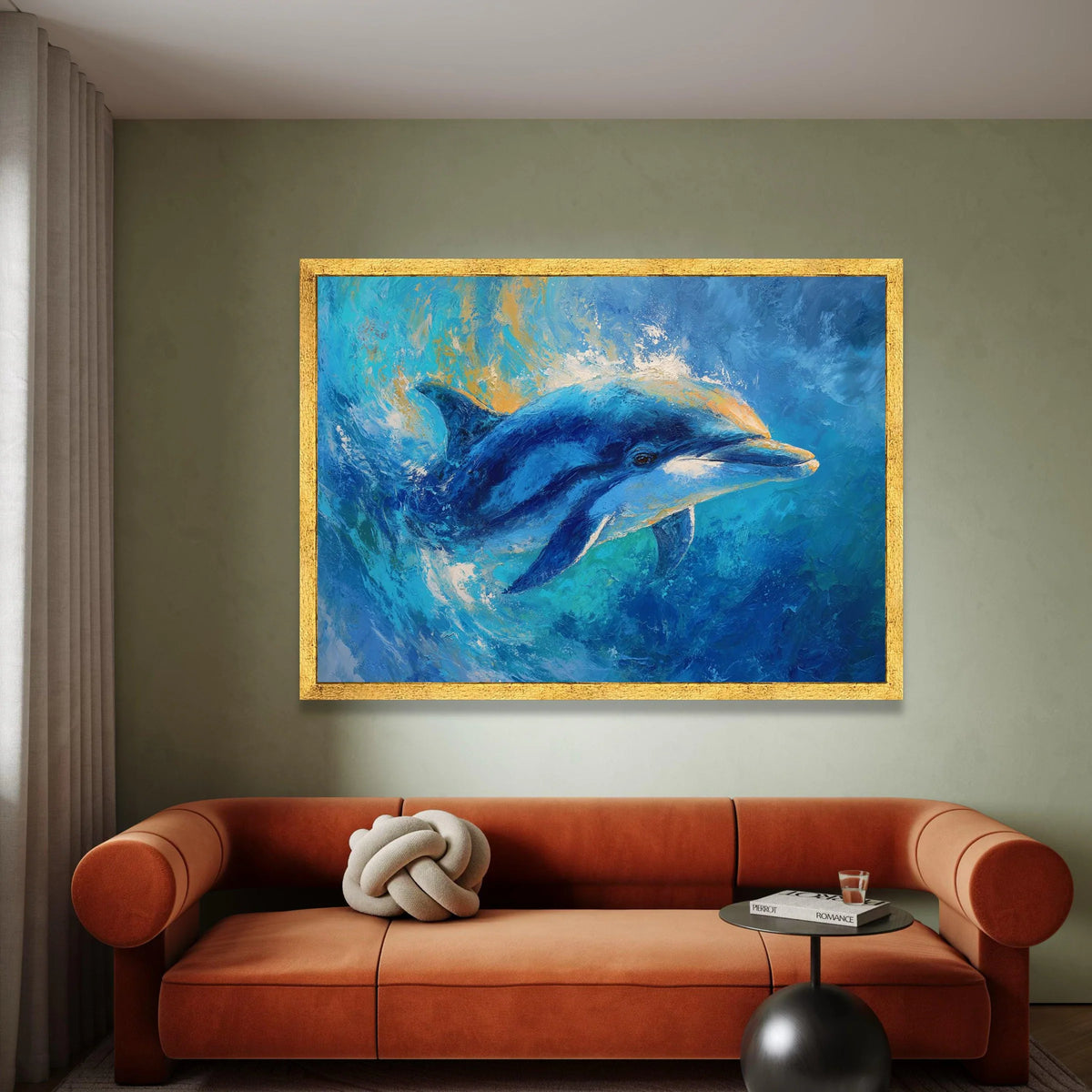 Vibrant Dolphin Splash Canvas, Ocean Life Wall Art, Marine Animal Painting, Blue Sea Canvas Decoration, Coastal Home Wall Canvas Print Art