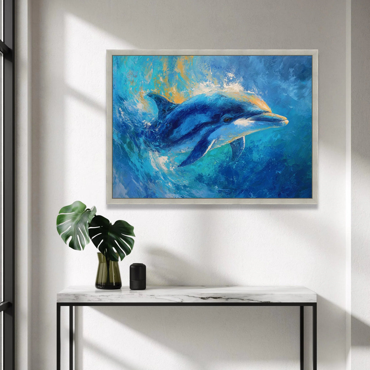 Vibrant Dolphin Splash Canvas, Ocean Life Wall Art, Marine Animal Painting, Blue Sea Canvas Decoration, Coastal Home Wall Canvas Print Art