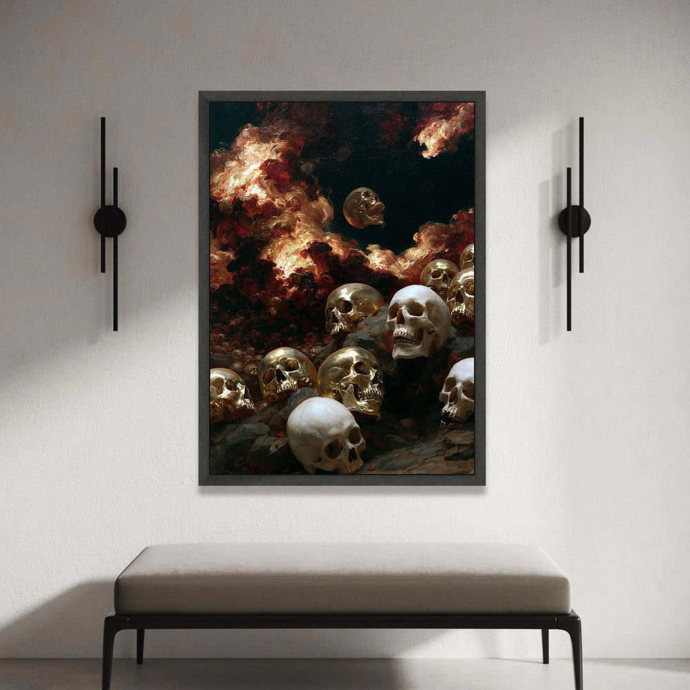 Dark Surreal Skull Scene Canvas, Skull Pile Wall Art, Dramatic Flames Painting Canvas, Gothic Home Decoration, Haunted Canvas Print Art