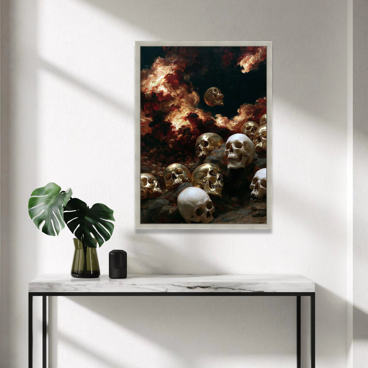 Dark Surreal Skull Scene Canvas, Skull Pile Wall Art, Dramatic Flames Painting Canvas, Gothic Home Decoration, Haunted Canvas Print Art