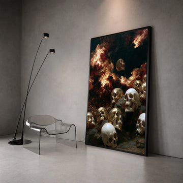 Dark Surreal Skull Scene Canvas, Skull Pile Wall Art, Dramatic Flames Painting Canvas, Gothic Home Decoration, Haunted Canvas Print Art