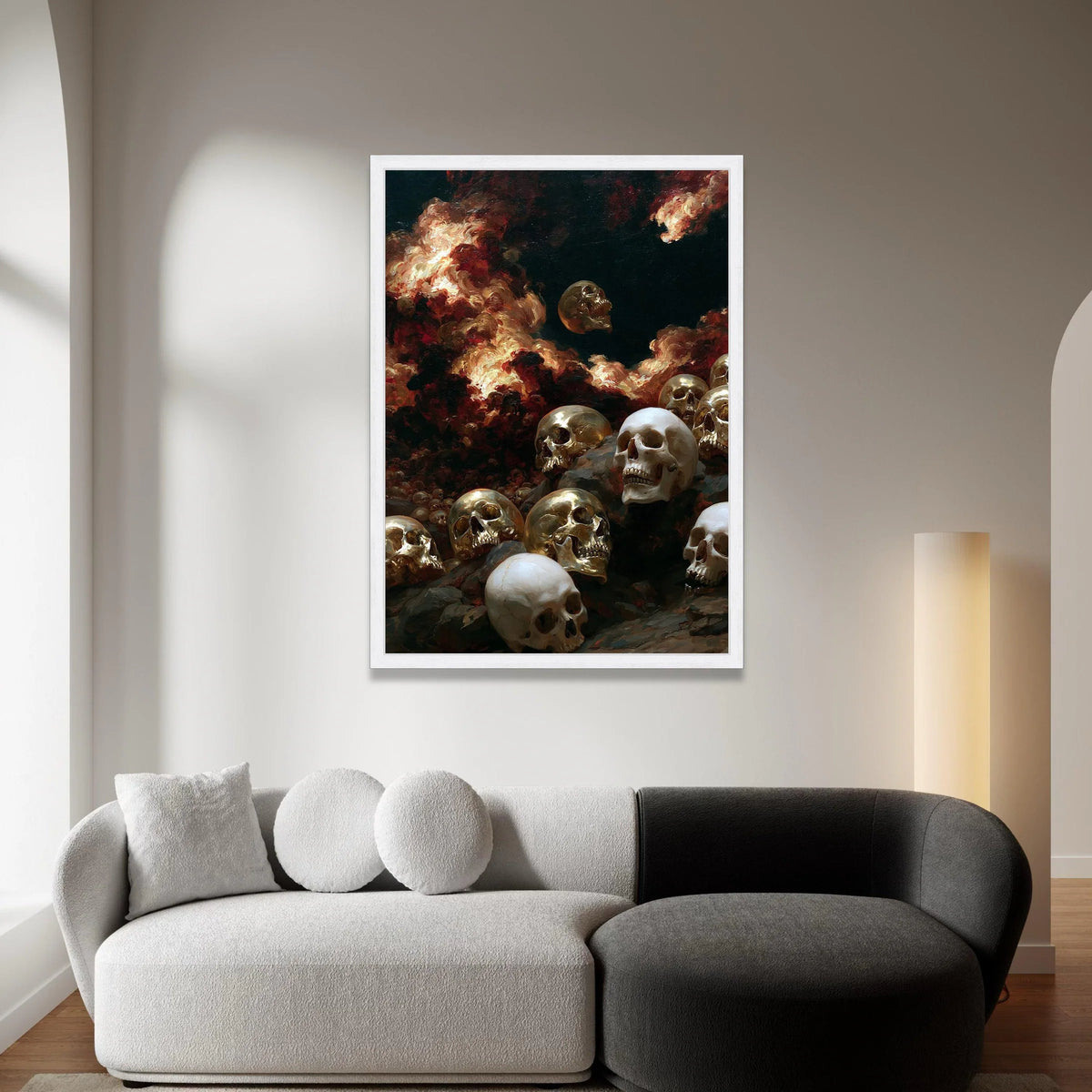 Dark Surreal Skull Scene Canvas, Skull Pile Wall Art, Dramatic Flames Painting Canvas, Gothic Home Decoration, Haunted Canvas Print Art
