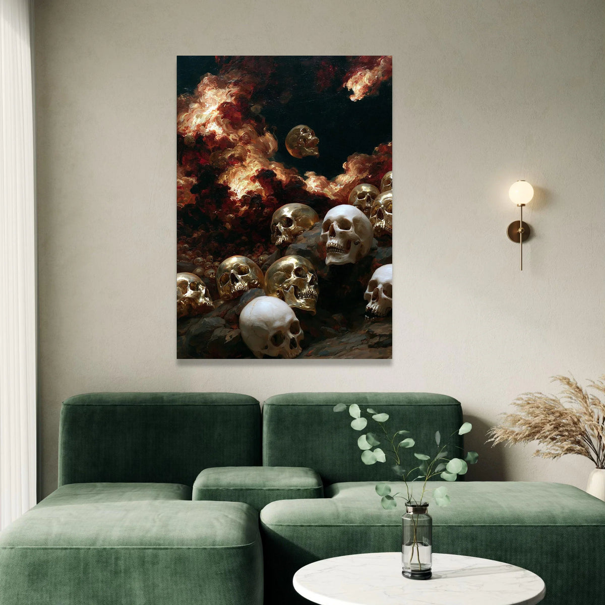 Dark Surreal Skull Scene Canvas, Skull Pile Wall Art, Dramatic Flames Painting Canvas, Gothic Home Decoration, Haunted Canvas Print Art