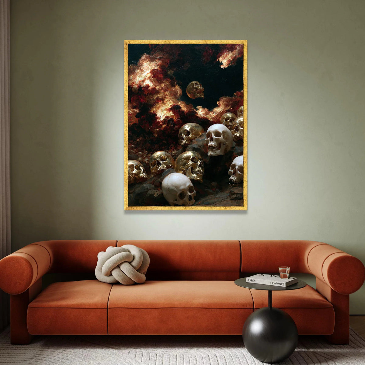 Dark Surreal Skull Scene Canvas, Skull Pile Wall Art, Dramatic Flames Painting Canvas, Gothic Home Decoration, Haunted Canvas Print Art