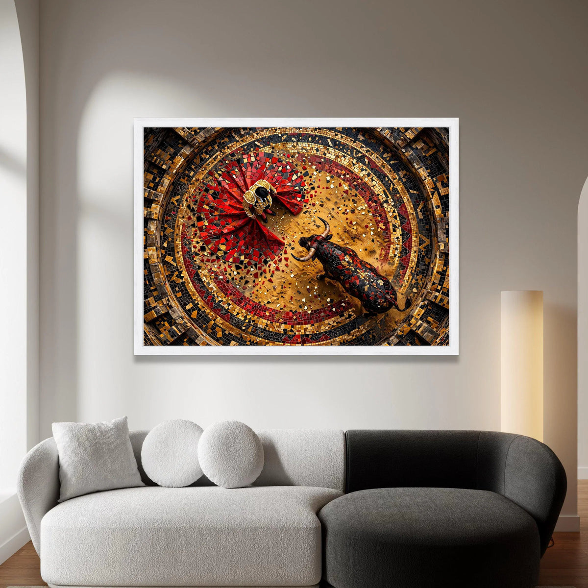 Bullfighter and Bull Mosaic Canvas Wall Art, Spanish Matador Scene, Colorful Arena Design, Cultural Home Decoration, Ready Canvas Print Art