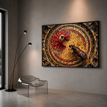 Bullfighter and Bull Mosaic Canvas Wall Art, Spanish Matador Scene, Colorful Arena Design, Cultural Home Decoration, Ready Canvas Print Art