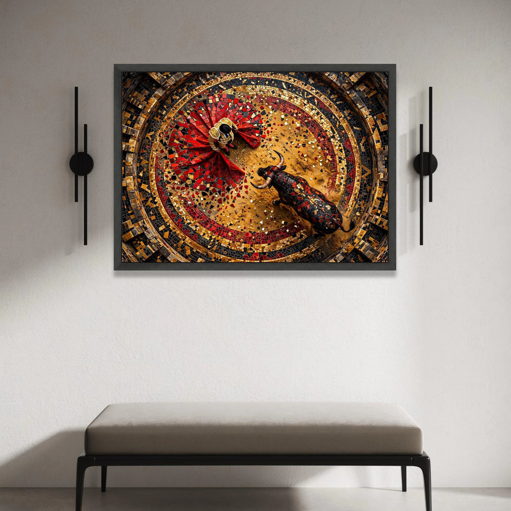 Bullfighter and Bull Mosaic Canvas Wall Art, Spanish Matador Scene, Colorful Arena Design, Cultural Home Decoration, Ready Canvas Print Art