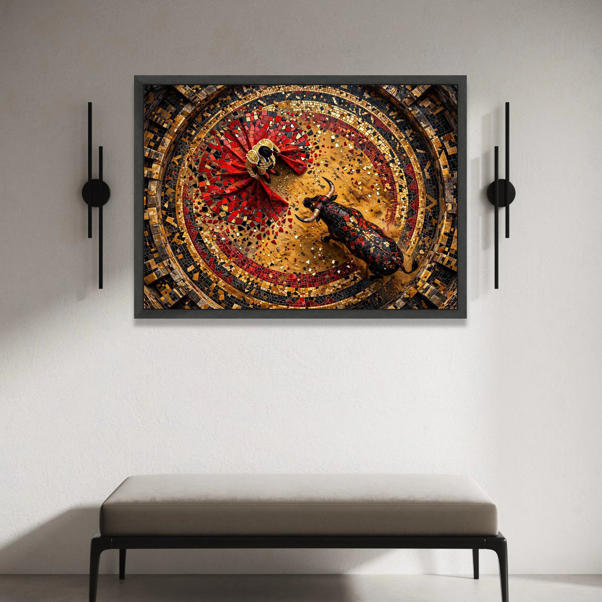 Bullfighter and Bull Mosaic Canvas Wall Art, Spanish Matador Scene, Colorful Arena Design, Cultural Home Decoration, Ready Canvas Print Art