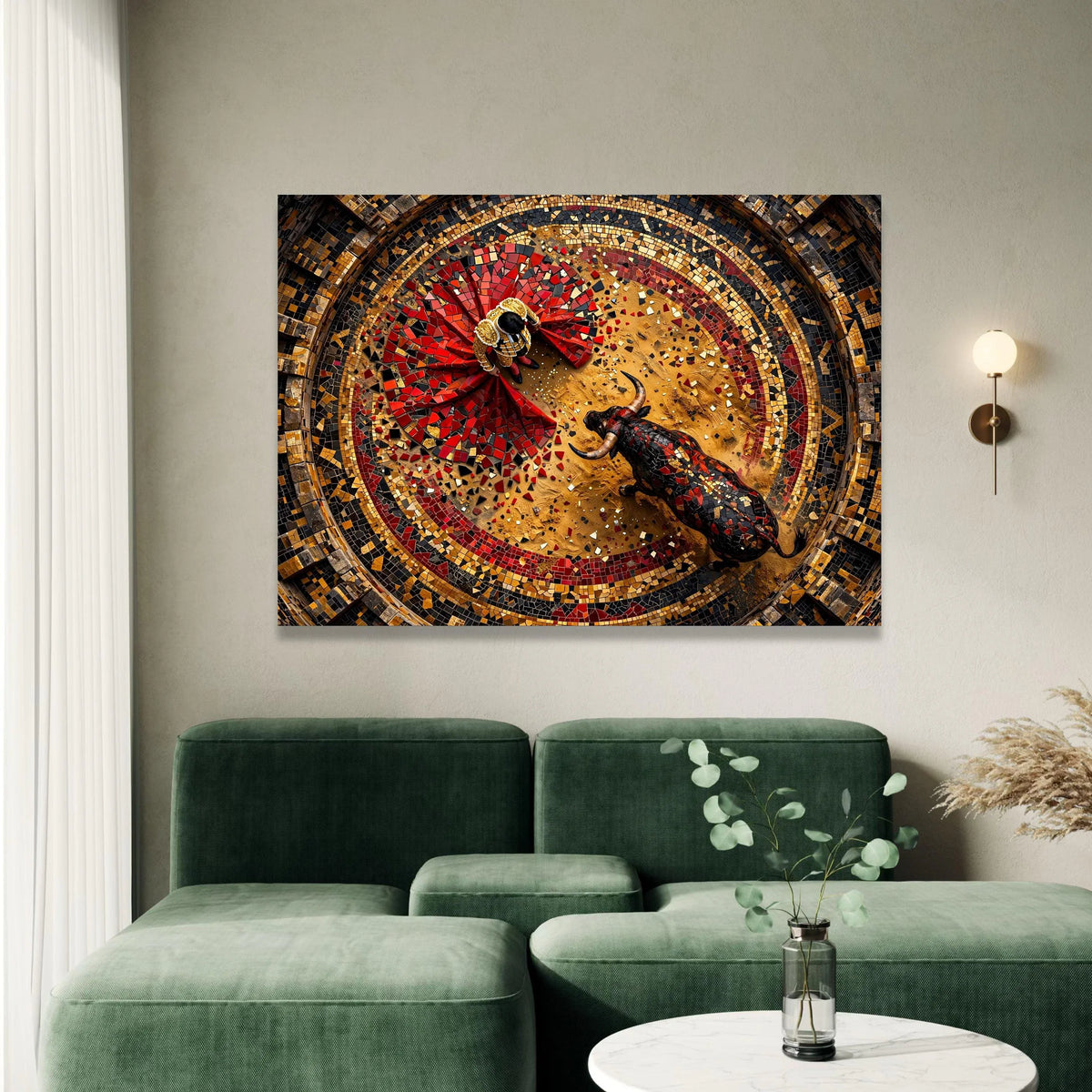 Bullfighter and Bull Mosaic Canvas Wall Art, Spanish Matador Scene, Colorful Arena Design, Cultural Home Decoration, Ready Canvas Print Art