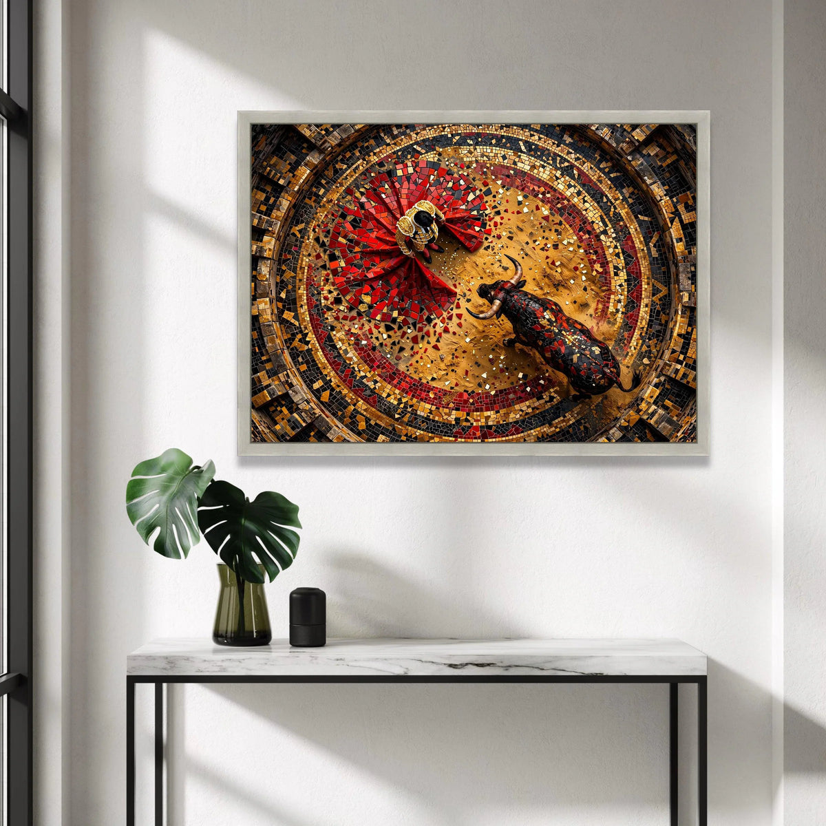 Bullfighter and Bull Mosaic Canvas Wall Art, Spanish Matador Scene, Colorful Arena Design, Cultural Home Decoration, Ready Canvas Print Art