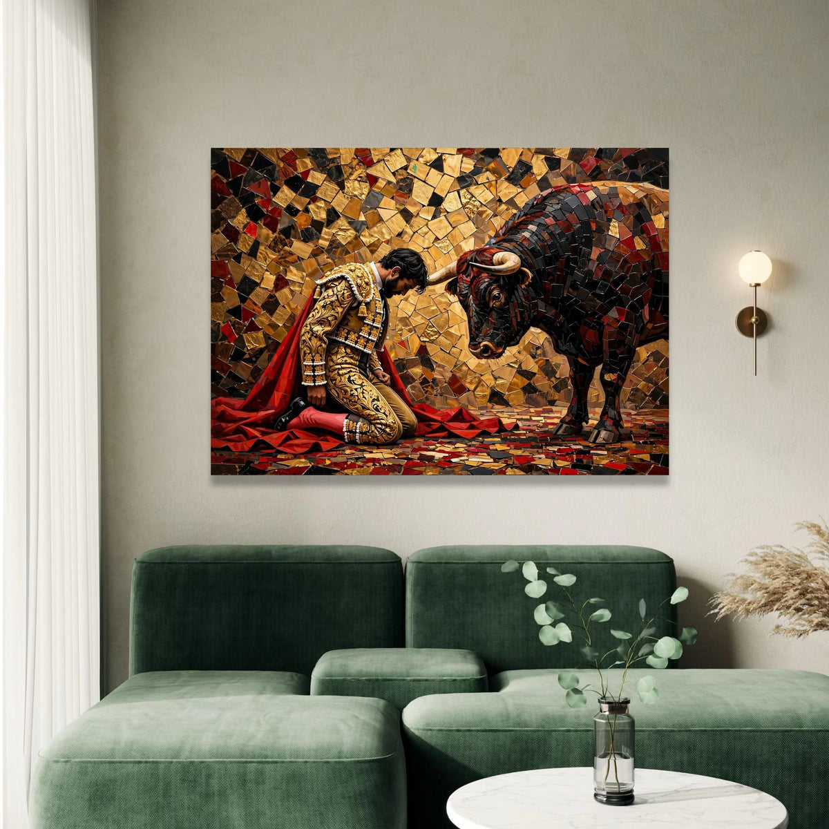 Bullfighter and Bull Mosaic Canvas Wall Art, Spanish Matador Scene, Vibrant Cultural Home Decor, Ready to Hang Canvas Canvas Print Art