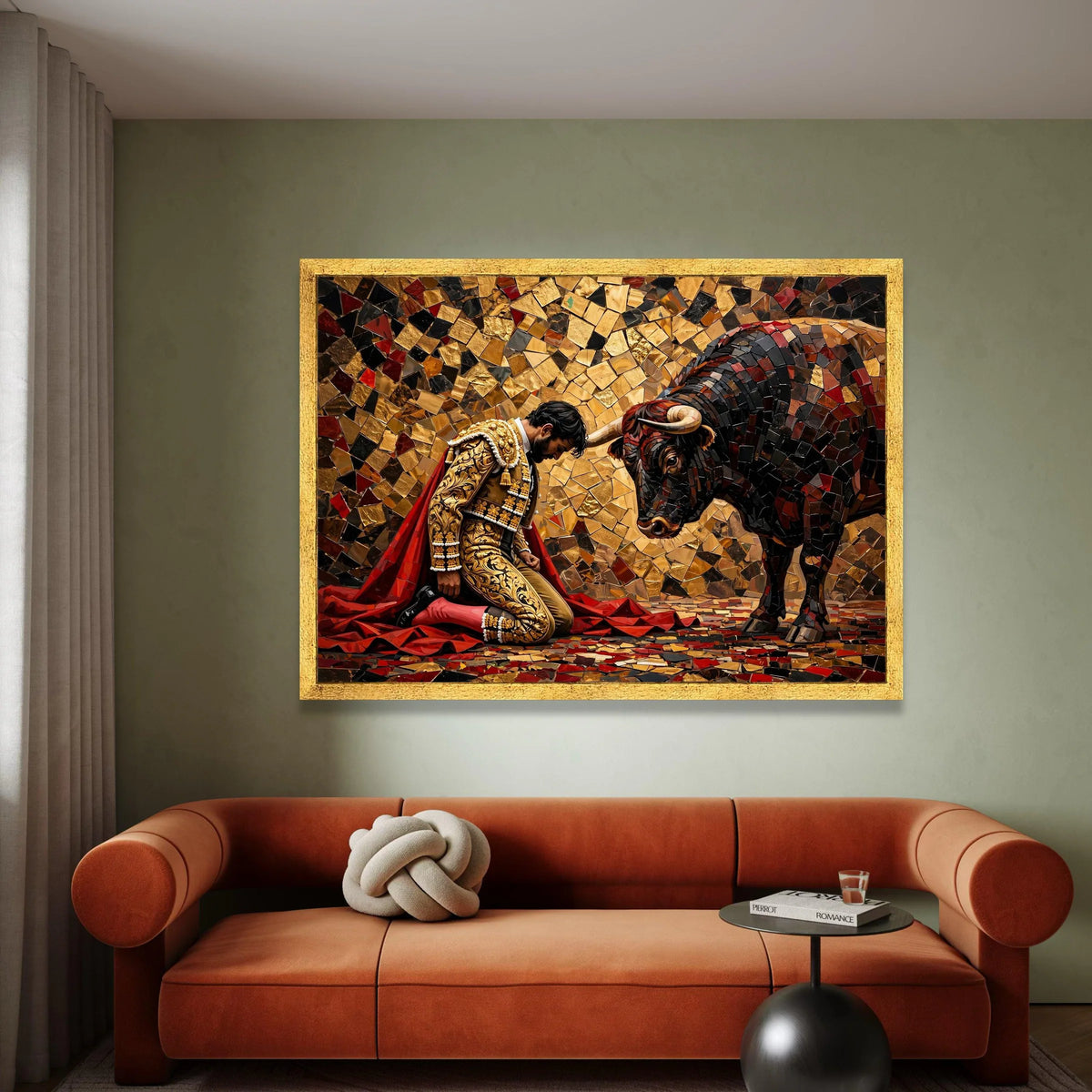 Bullfighter and Bull Mosaic Canvas Wall Art, Spanish Matador Scene, Vibrant Cultural Home Decor, Ready to Hang Canvas Canvas Print Art