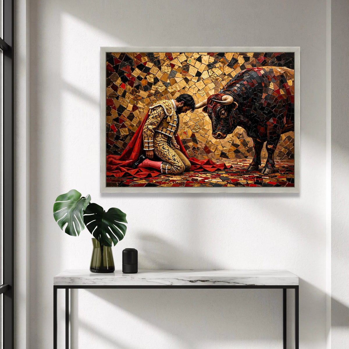 Bullfighter and Bull Mosaic Canvas Wall Art, Spanish Matador Scene, Vibrant Cultural Home Decor, Ready to Hang Canvas Canvas Print Art