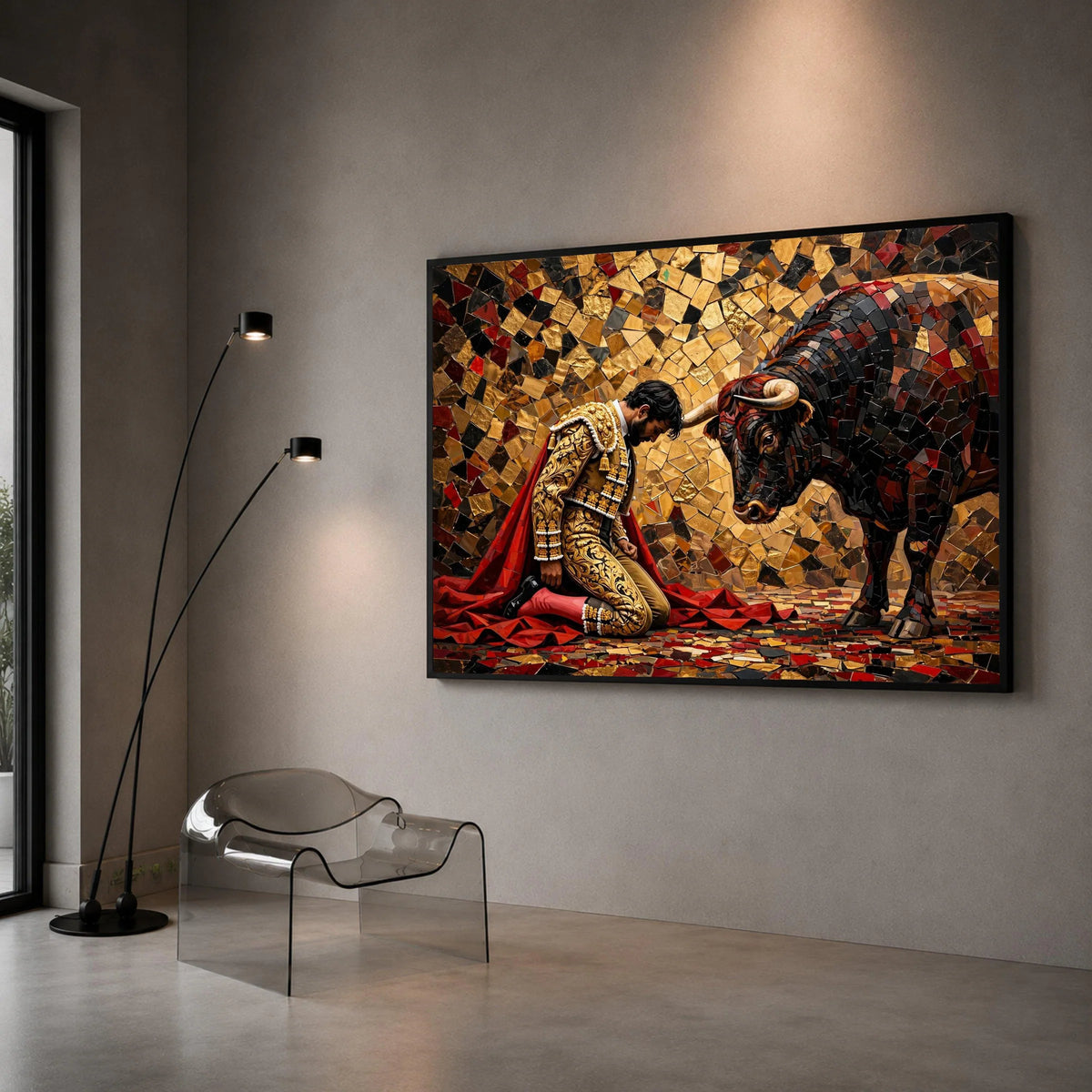 Bullfighter and Bull Mosaic Canvas Wall Art, Spanish Matador Scene, Vibrant Cultural Home Decor, Ready to Hang Canvas Canvas Print Art