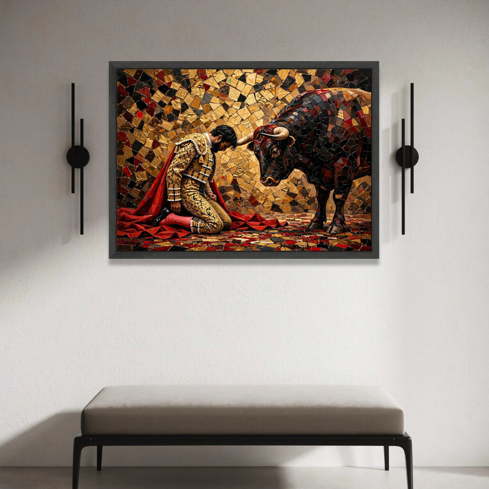 Bullfighter and Bull Mosaic Canvas Wall Art, Spanish Matador Scene, Vibrant Cultural Home Decor, Ready to Hang Canvas Canvas Print Art