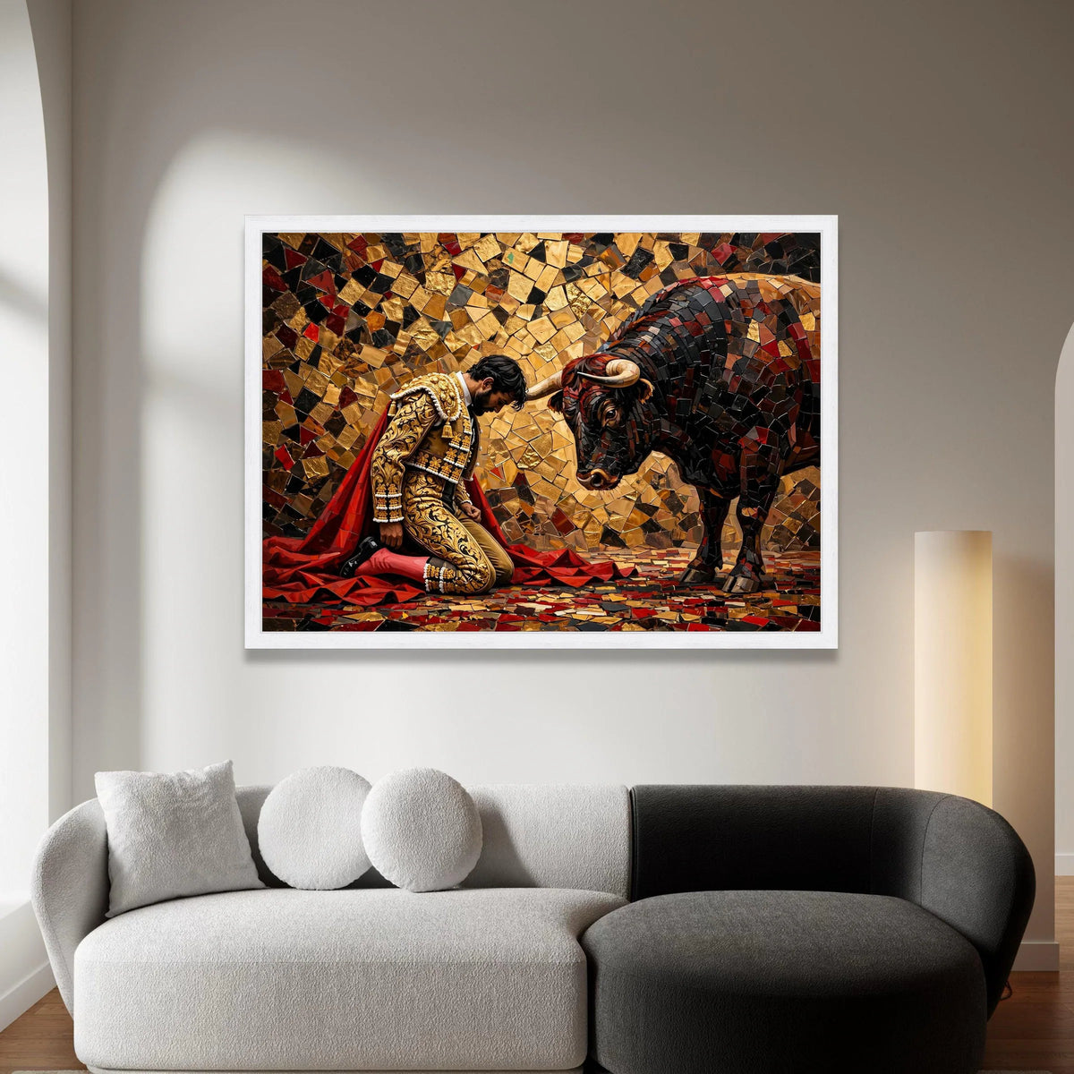 Bullfighter and Bull Mosaic Canvas Wall Art, Spanish Matador Scene, Vibrant Cultural Home Decor, Ready to Hang Canvas Canvas Print Art