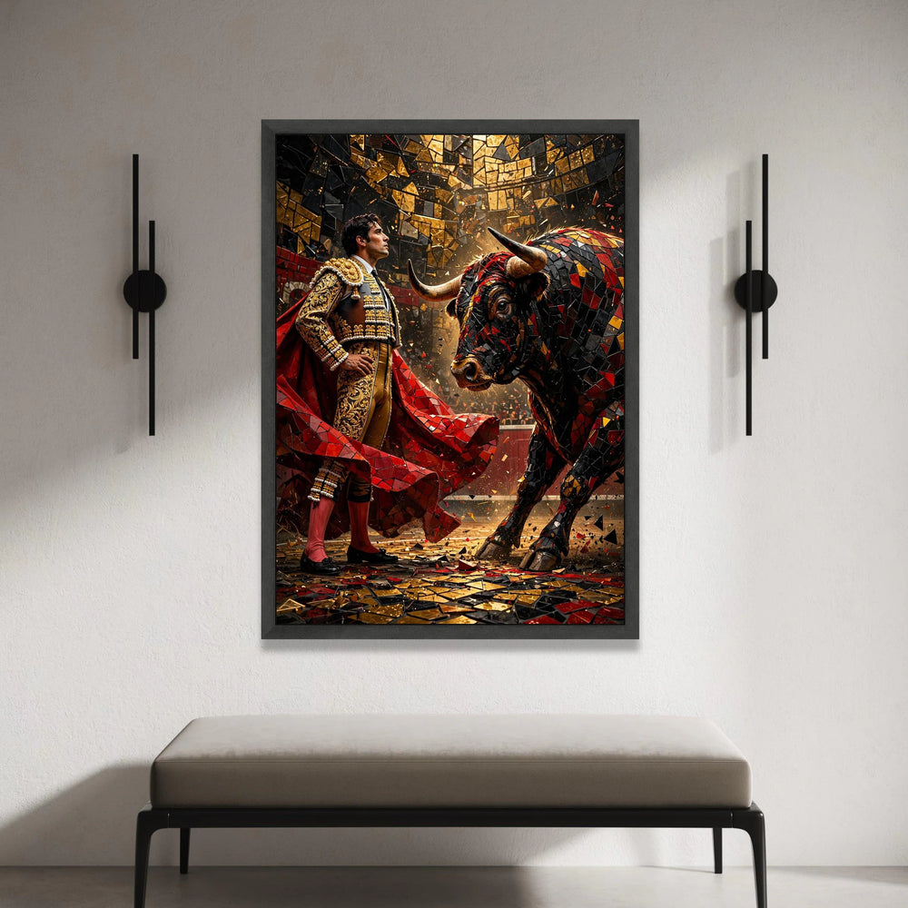 Bold Matador and Mosaic Bull Canvas, Spanish Bullfighting Scene, Vibrant Wall Art, Cultural Canvas Decoration, Ready to Canvas Print Art