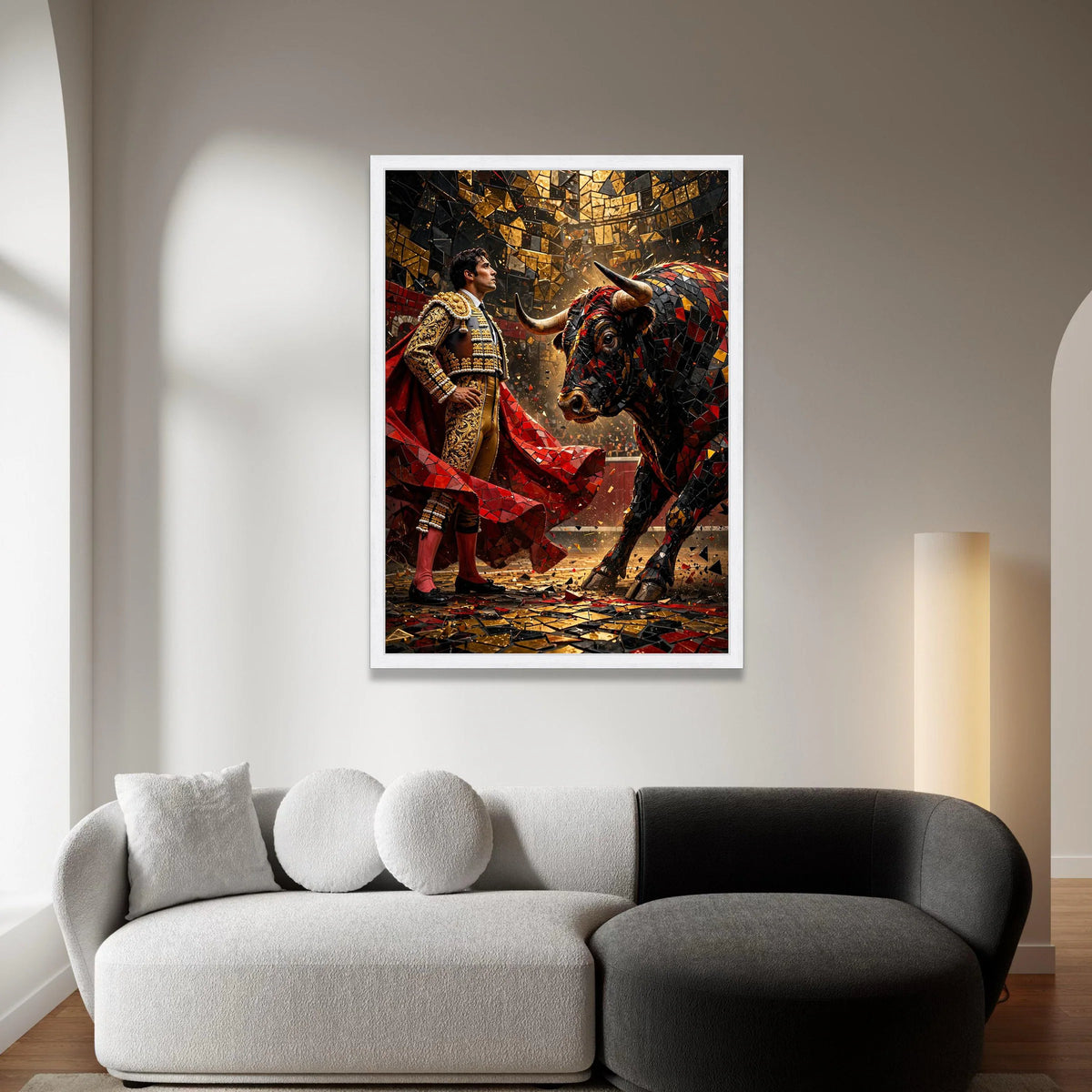 Bold Matador and Mosaic Bull Canvas, Spanish Bullfighting Scene, Vibrant Wall Art, Cultural Canvas Decoration, Ready to Canvas Print Art