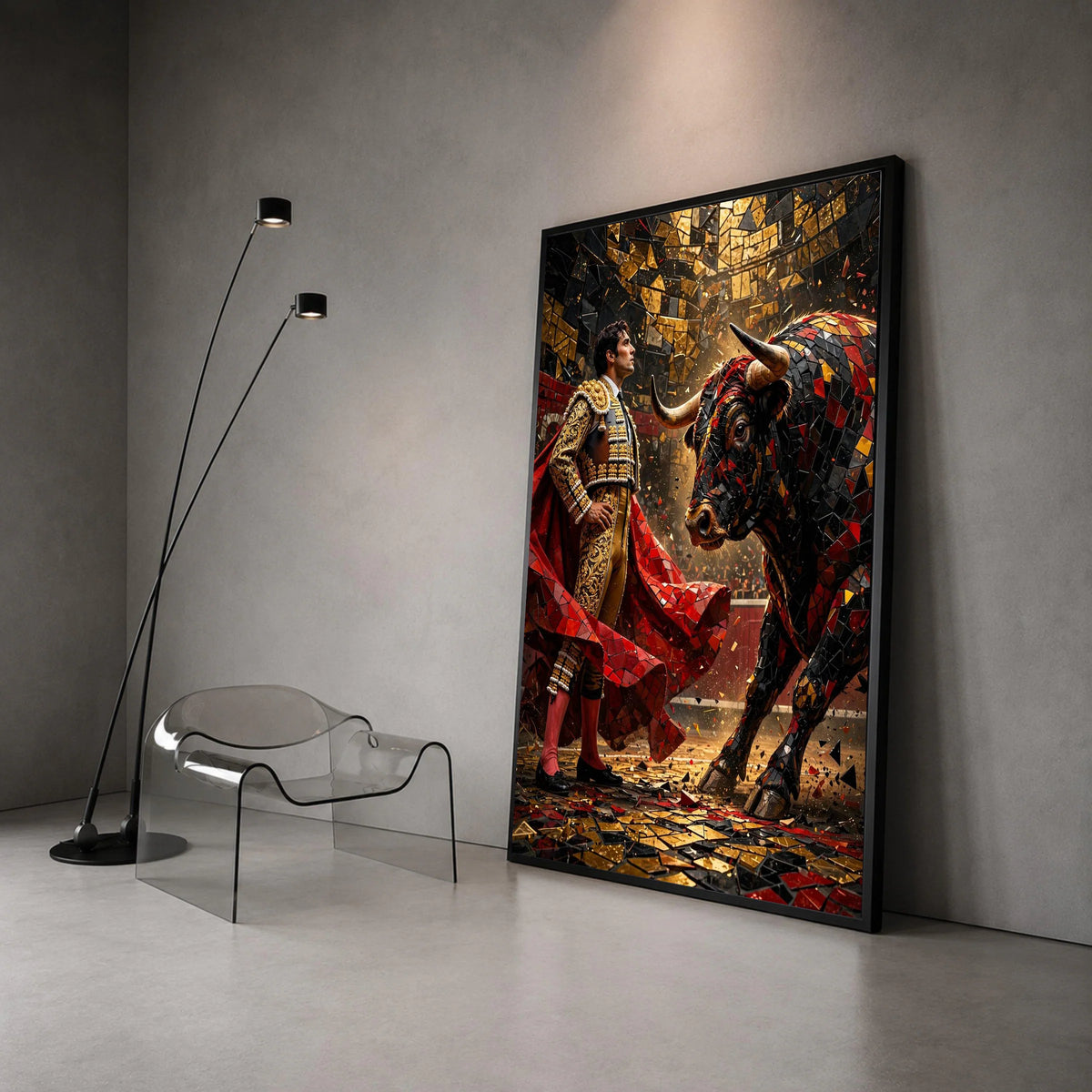 Bold Matador and Mosaic Bull Canvas, Spanish Bullfighting Scene, Vibrant Wall Art, Cultural Canvas Decoration, Ready to Canvas Print Art