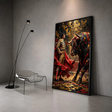Bold Matador and Mosaic Bull Canvas, Spanish Bullfighting Scene, Vibrant Wall Art, Cultural Canvas Decoration, Ready to Canvas Print Art