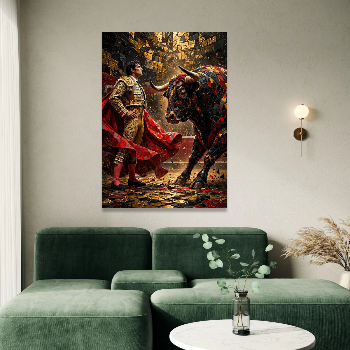 Bold Matador and Mosaic Bull Canvas, Spanish Bullfighting Scene, Vibrant Wall Art, Cultural Canvas Decoration, Ready to Canvas Print Art