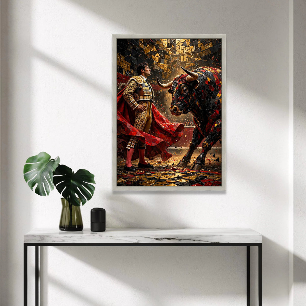 Bold Matador and Mosaic Bull Canvas, Spanish Bullfighting Scene, Vibrant Wall Art, Cultural Canvas Decoration, Ready to Canvas Print Art