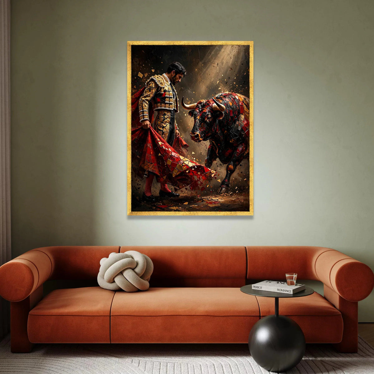 Matador and Bull Canvas Wall Art, Spanish Bullfighting Scene, Dramatic Red and Gold Canvas, Courage and Tradition Decor, Canvas Print Art