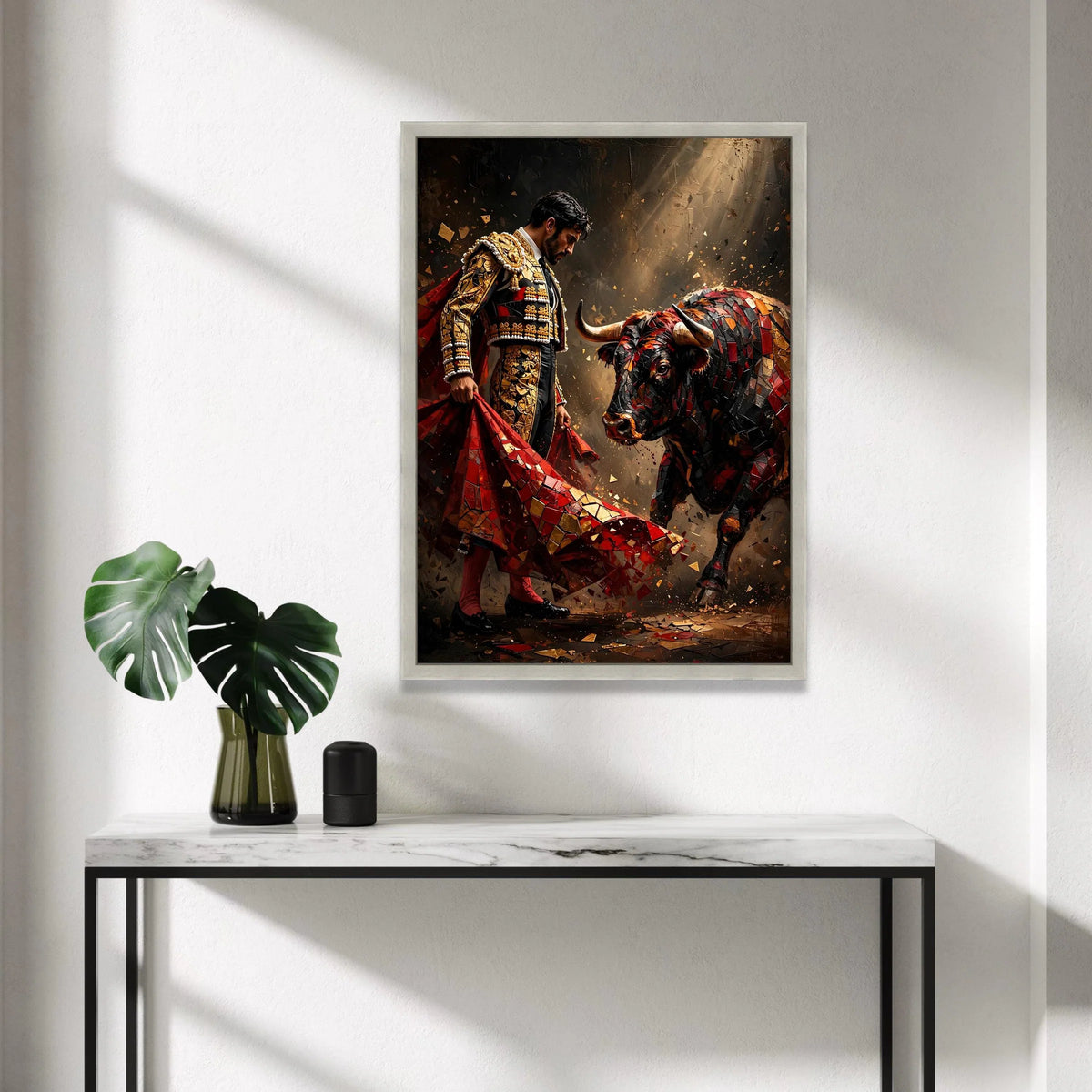 Matador and Bull Canvas Wall Art, Spanish Bullfighting Scene, Dramatic Red and Gold Canvas, Courage and Tradition Decor, Canvas Print Art