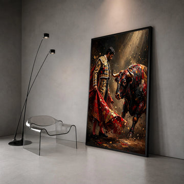 Matador and Bull Canvas Wall Art, Spanish Bullfighting Scene, Dramatic Red and Gold Canvas, Courage and Tradition Decor, Canvas Print Art