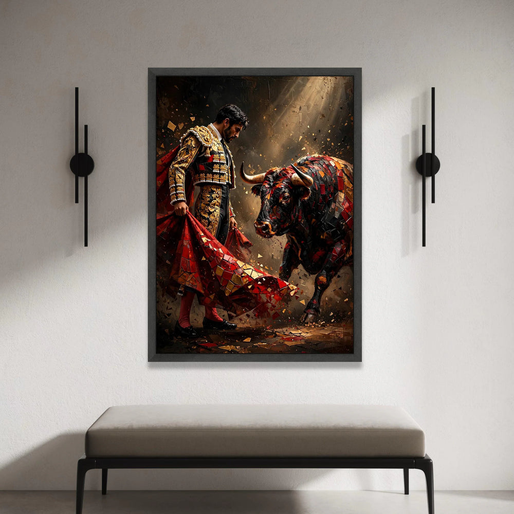 Matador and Bull Canvas Wall Art, Spanish Bullfighting Scene, Dramatic Red and Gold Canvas, Courage and Tradition Decor, Canvas Print Art